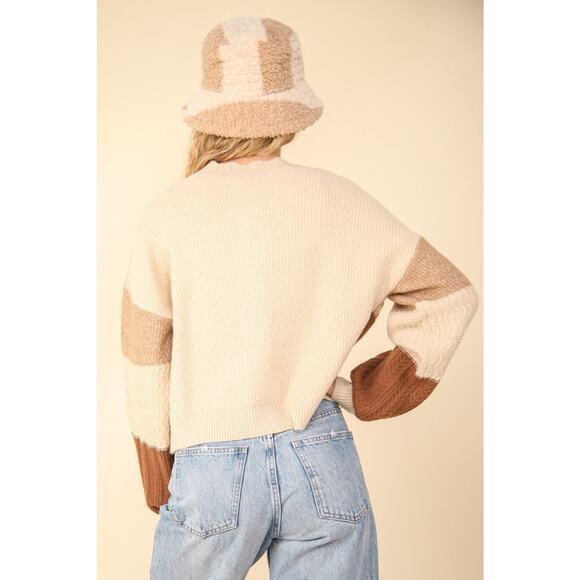 VERY J Color Block Button Down Textured Knit Cropped Sweater Cardigan | Oatmeal - Picture 3 of 10